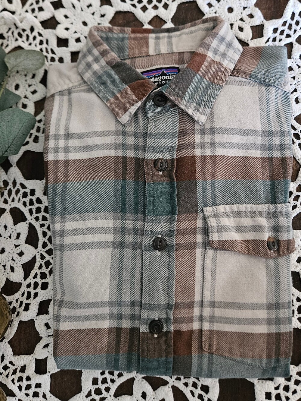 Patagonia Gorpcore Earth Tone Plaid 100% Organic Cotton Flannel Shirt Size XS.